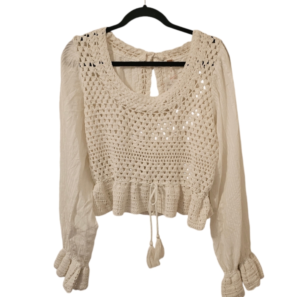 Free People Cream Crochet Drawstring Boho Blouse